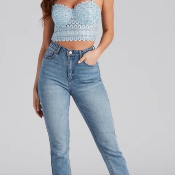 NWT Windsor- Light Blue Sparkle Rhinestone Bustier Corset Longline Bra Top, Sz L - Picture 3 of 15